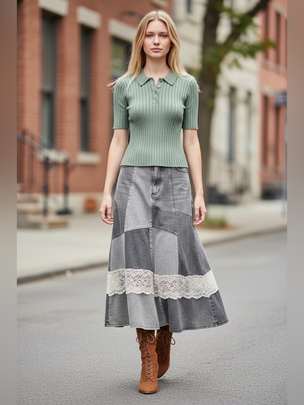 281 • Preppy Ribbed Sage Green Cropped Polo Top